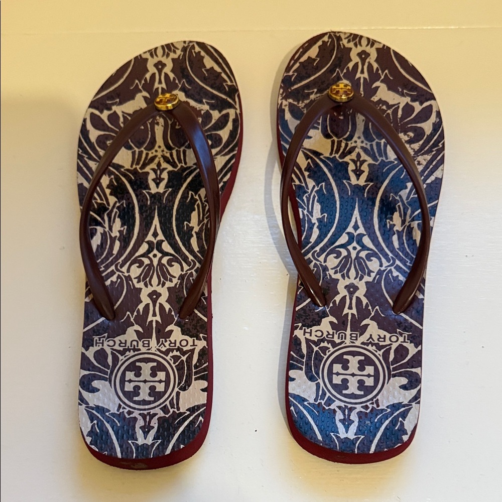 Tory Burch Maroon and Off-white Flip Flops